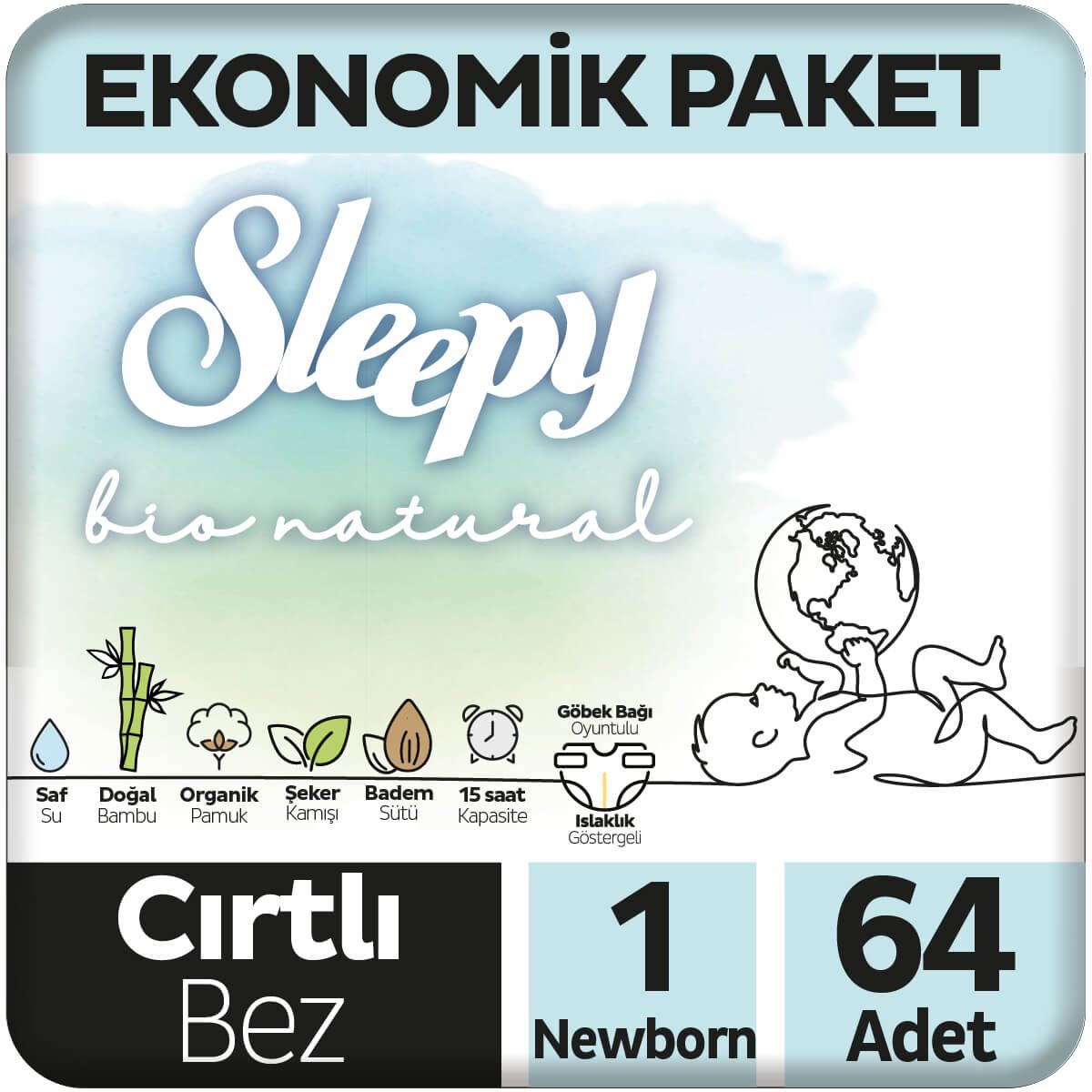 Sleepy Bio Natural Ekonomik Paket Bebek Bezi 1 Numara Yenidoğan 64 Adet