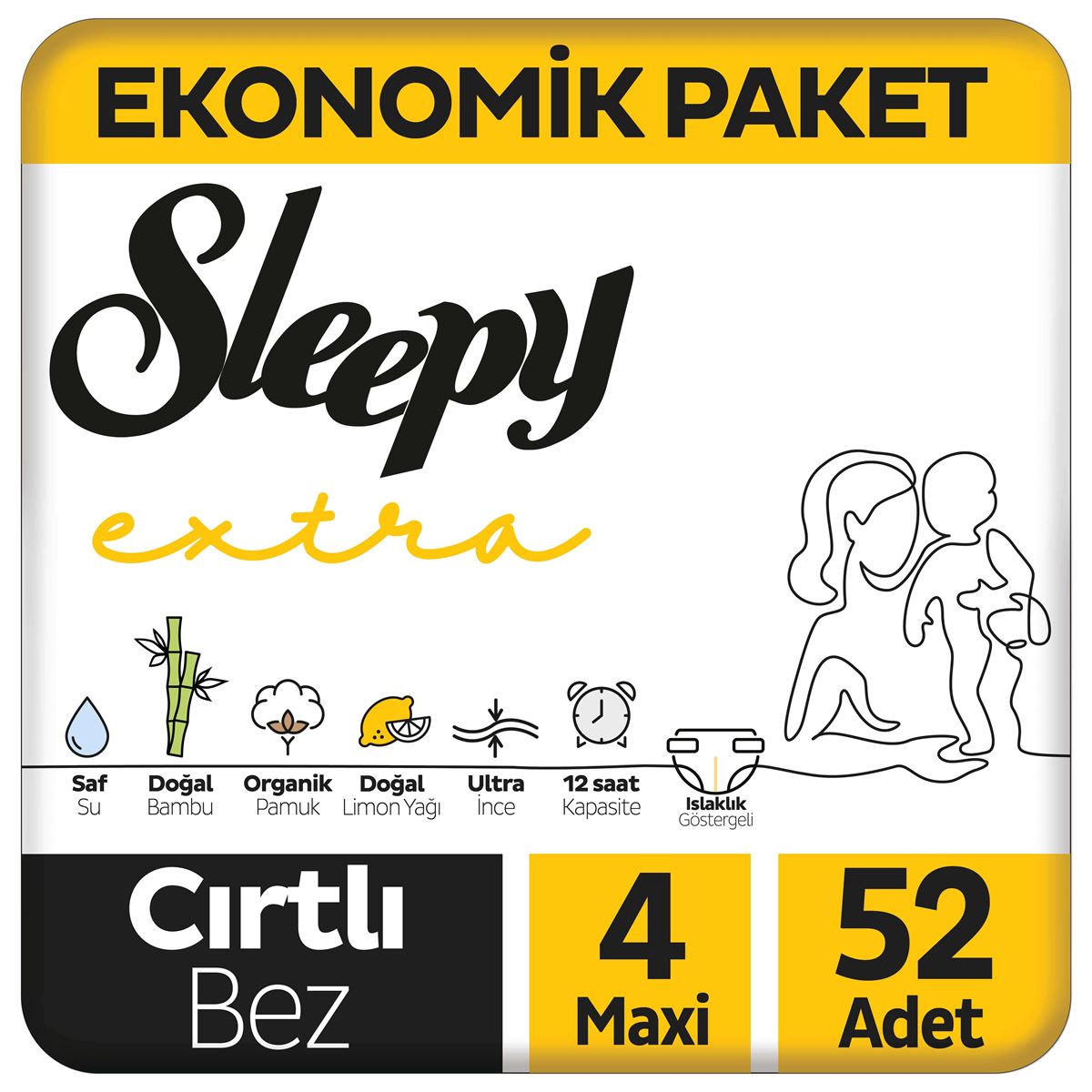 Sleepy Extra Günlük Aktivite Ekonomik Paket Bebek Bezi 4 Numara Maxi 52 Adet