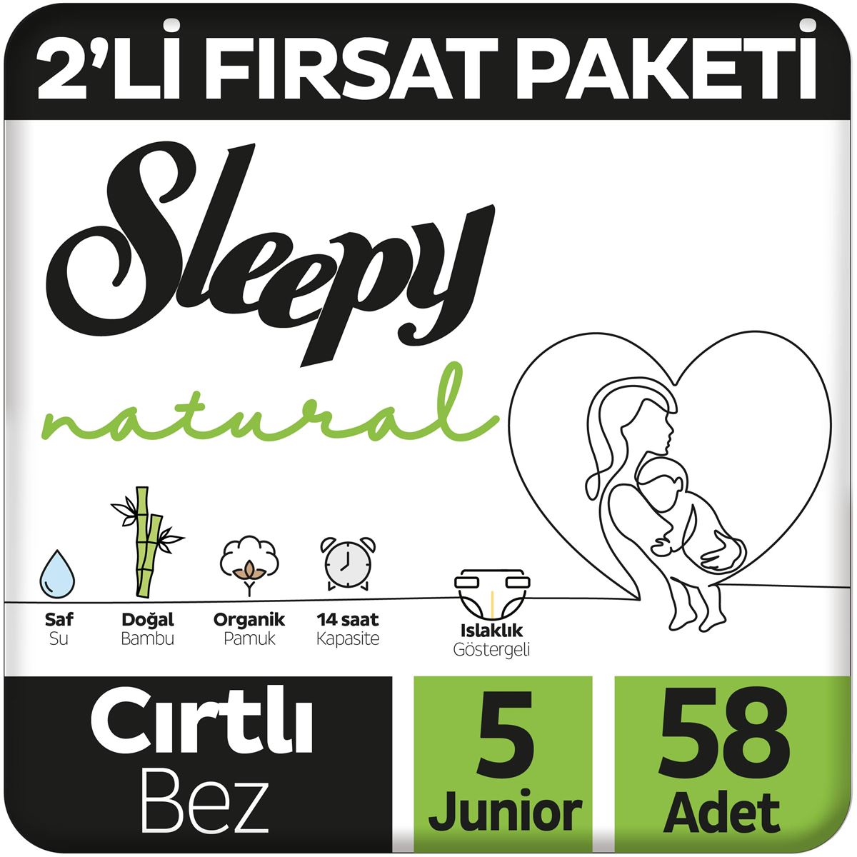 Sleepy Natural 2'li Fırsat Paketi Bebek Bezi 5 Numara Junior 58 Adet