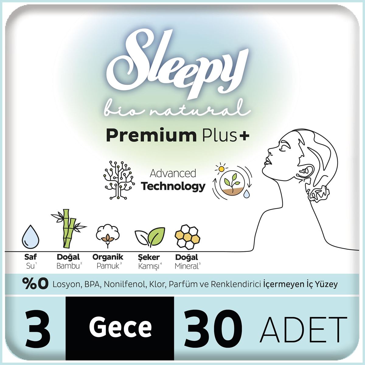 Sleepy Bio Natural Premium Plus Hijyenik Ped Mega Paket Gece 30 Adet 