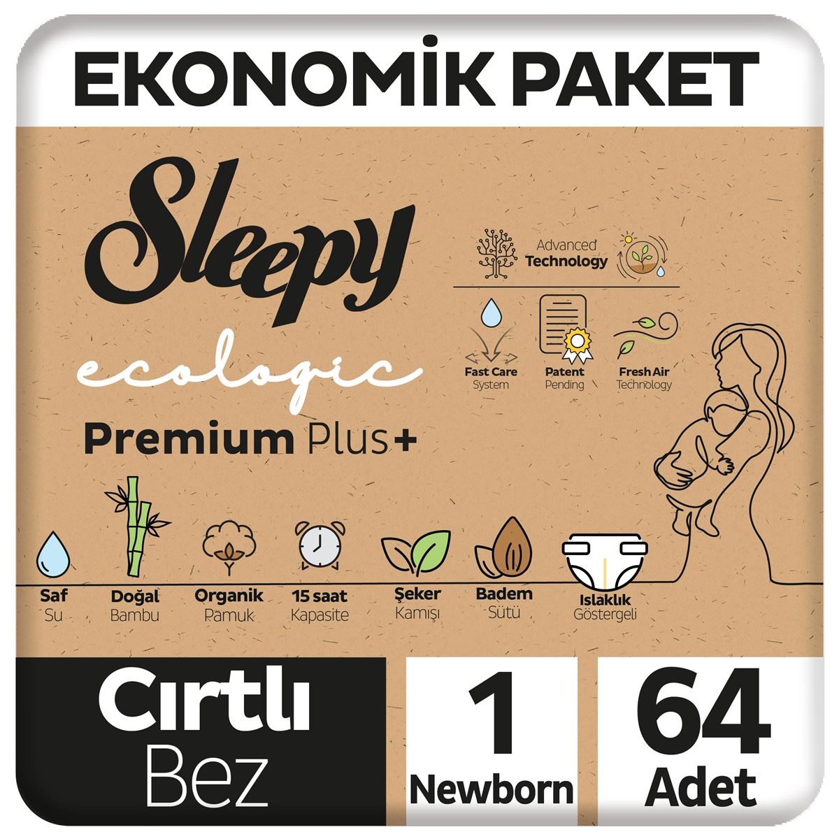 Sleepy Ecologic Premium Plus Ekonomik Paket Bebek Bezi 1 Numara Yenidoğan 64 Adet