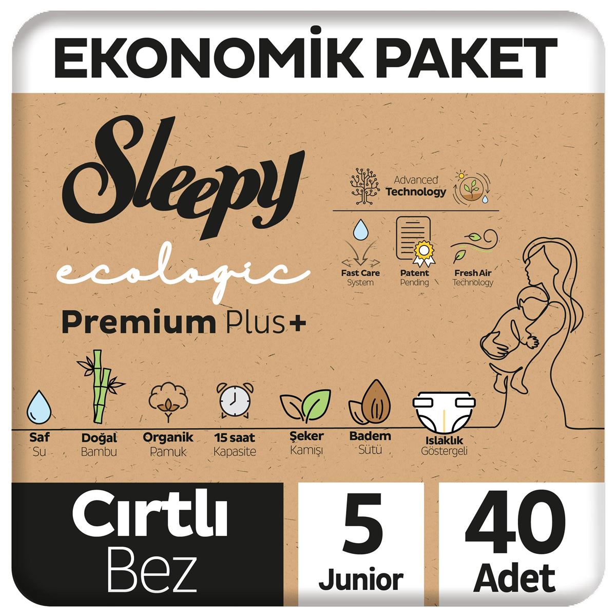 Sleepy Ecologic Premium Plus Ekonomik Paket Bebek Bezi 5 Numara Junior 40 Adet