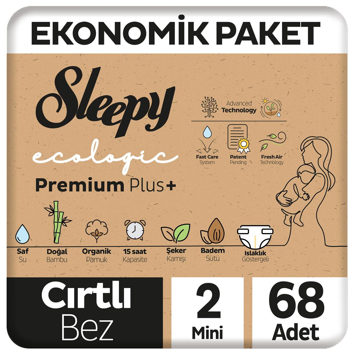 Sleepy Ecologic Premium Plus Ekonomik Paket Bebek Bezi 2 Numara Mini 68 Adet