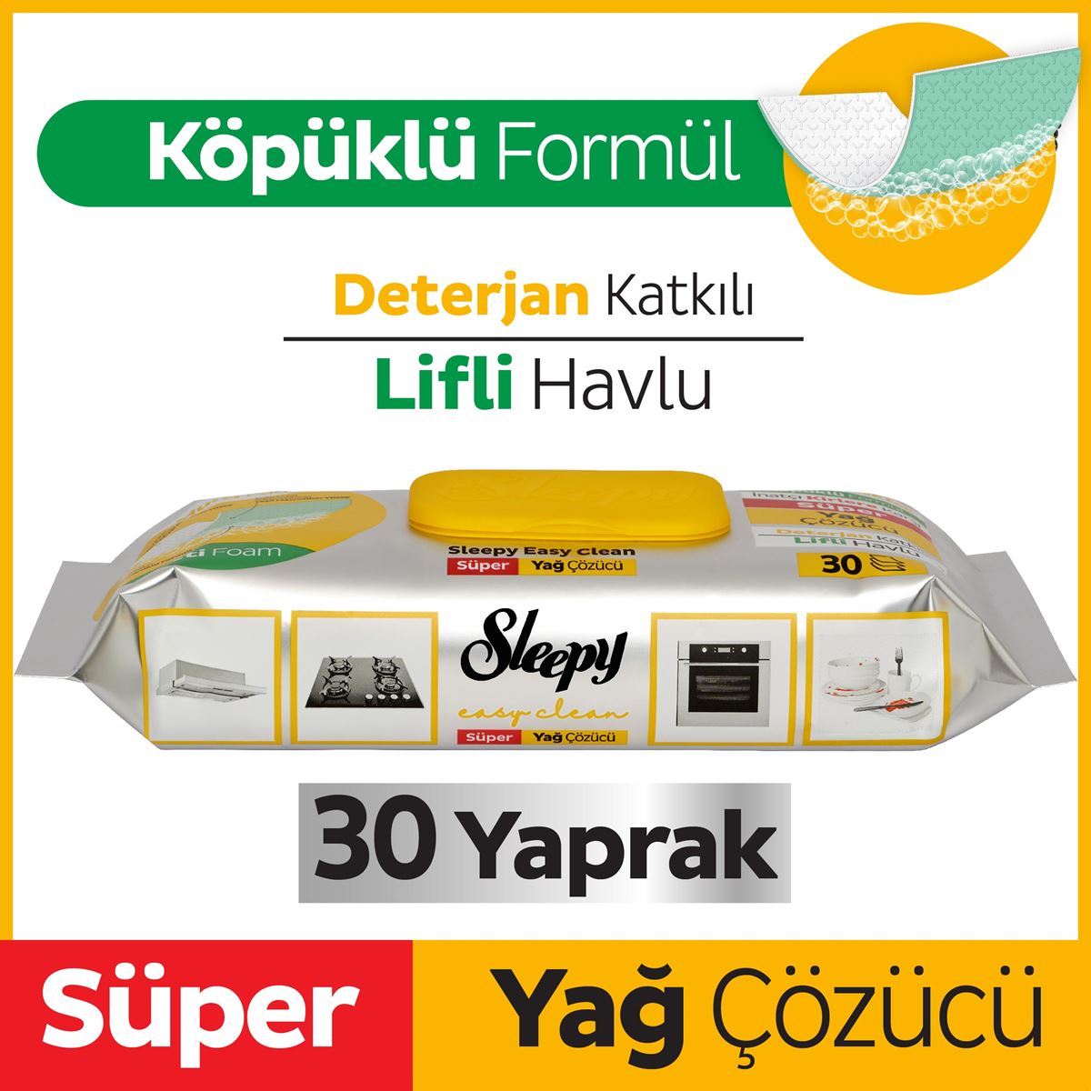 Sleepy Easy Clean Süper Yağ Çözücü Yüzey Temizlik Havlusu&Mendili 30 Yaprak