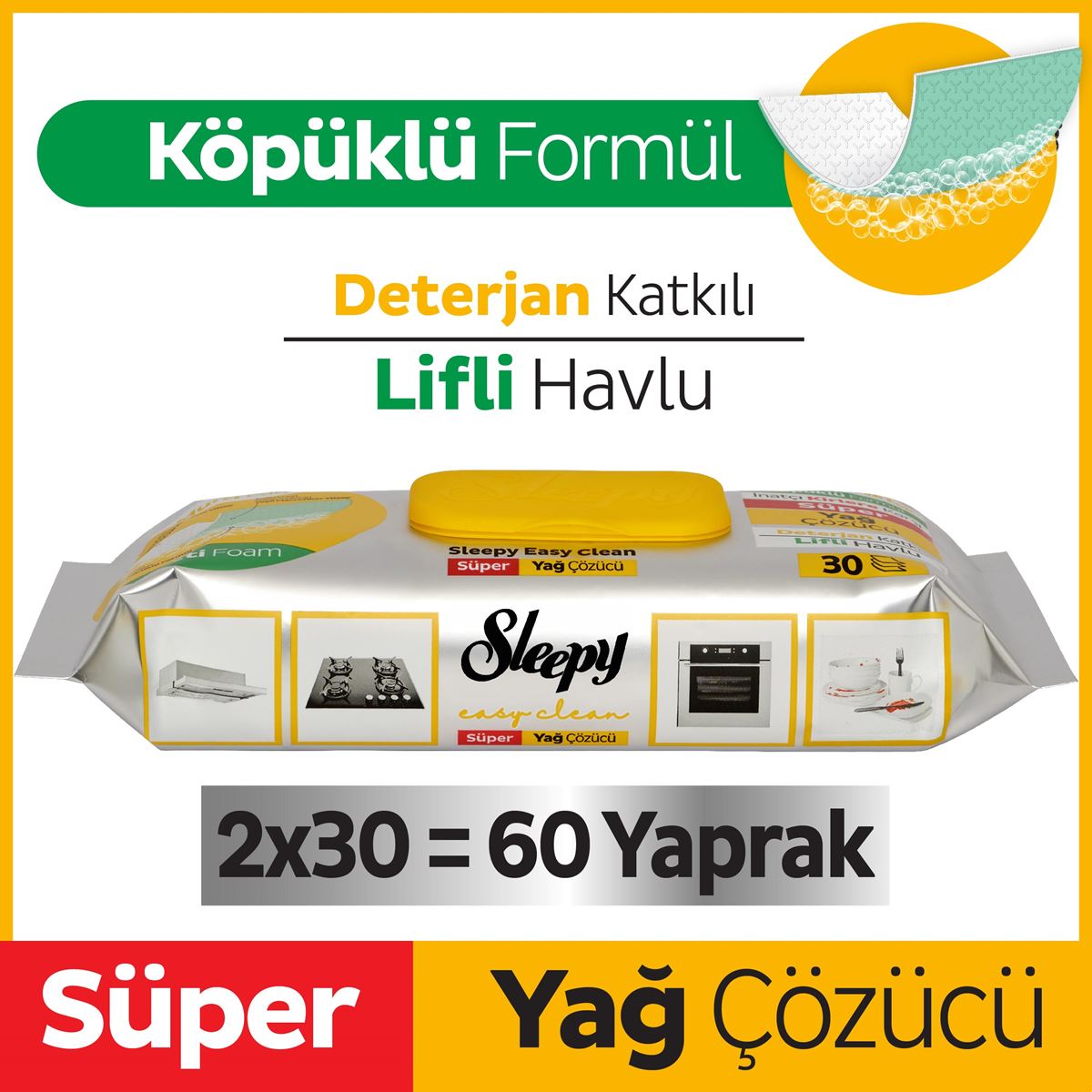 Sleepy Easy Clean Süper Yağ Çözücü Yüzey Temizlik Havlusu&Mendili 2x30 (60 Yaprak)