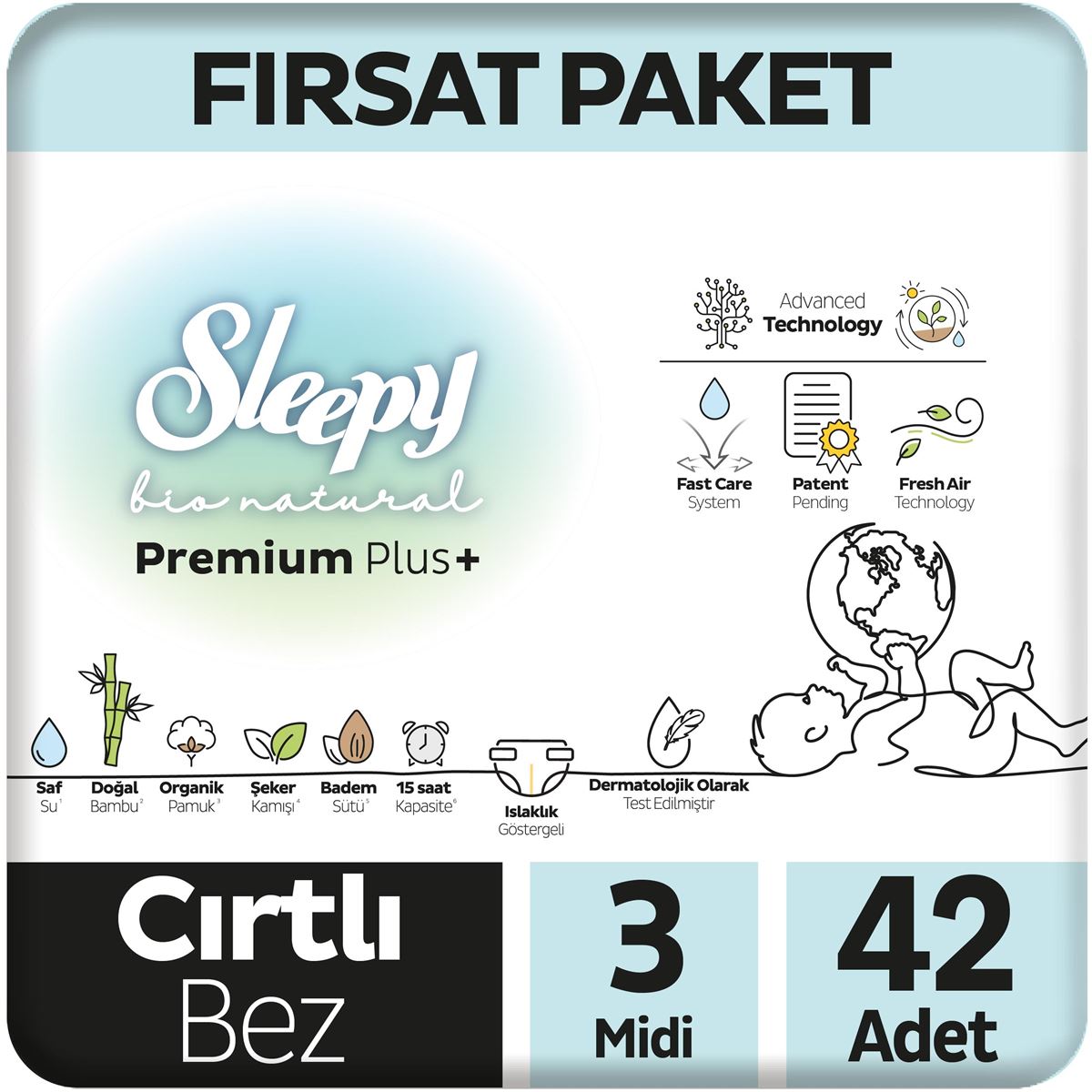 Sleepy Bio Natural Premium Plus Fırsat Paketi Bebek Bezi 3 Numara Midi 42 Adet