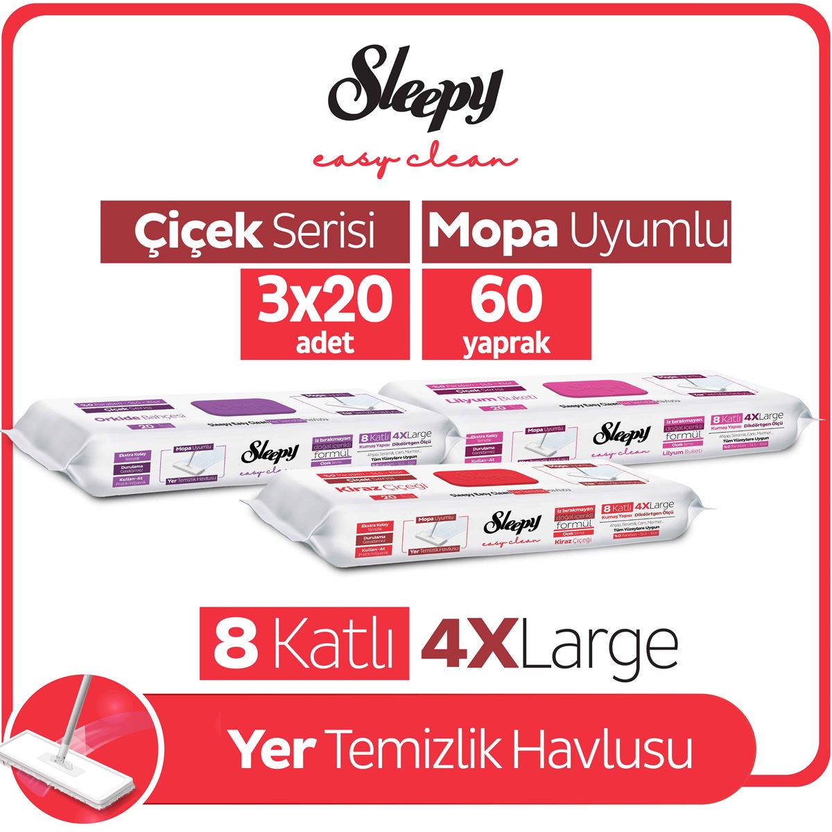 Sleepy Easy Clean Lilyum+Kiraz Ç+Orkide Mopa Uyumlu Yer Temizlik Havlusu&Mendili 3x20 (60 Yaprak)