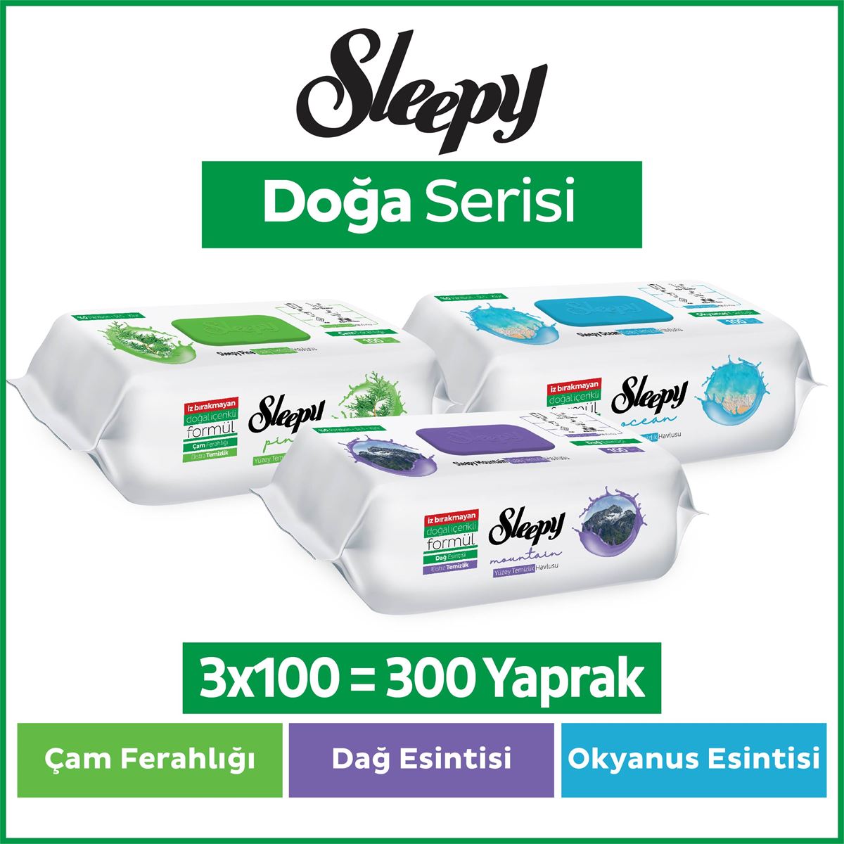 Sleepy Doğa Serisi Yüzey Temizlik Havlusu&Mendili Çam&Okyanus&Dağ Esintisi 3x100 (300 Yaprak)