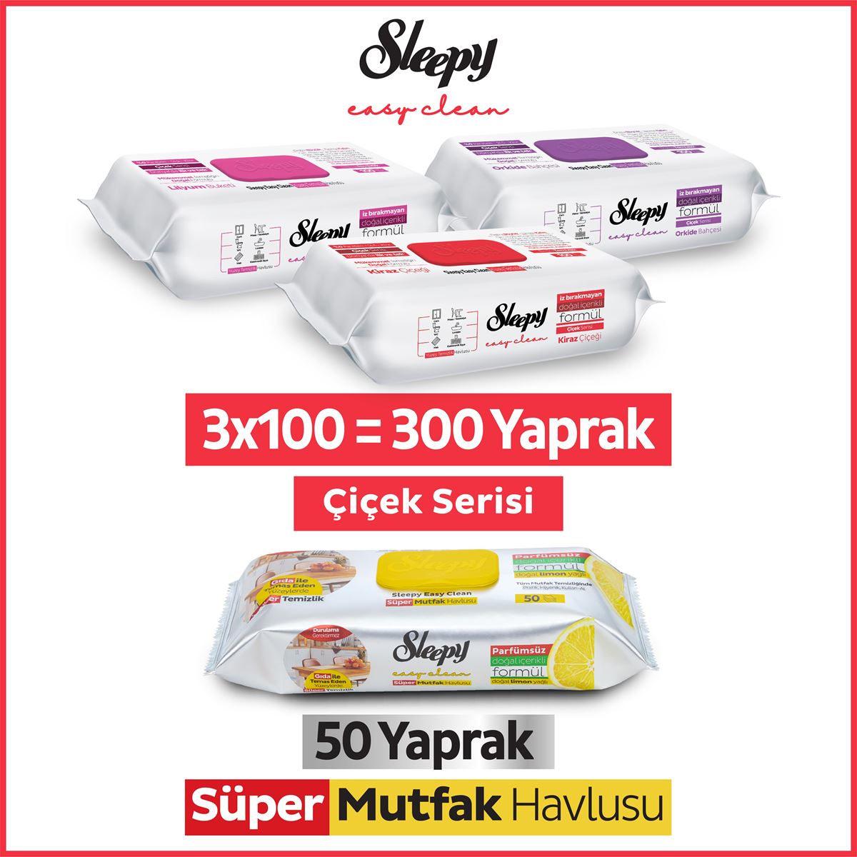 Sleepy Easy Clean Çiçek Serisi&Limon Yağlı Süper Mutfak Yüzey Temizlik Havlusu&Mendili(3x100+50)