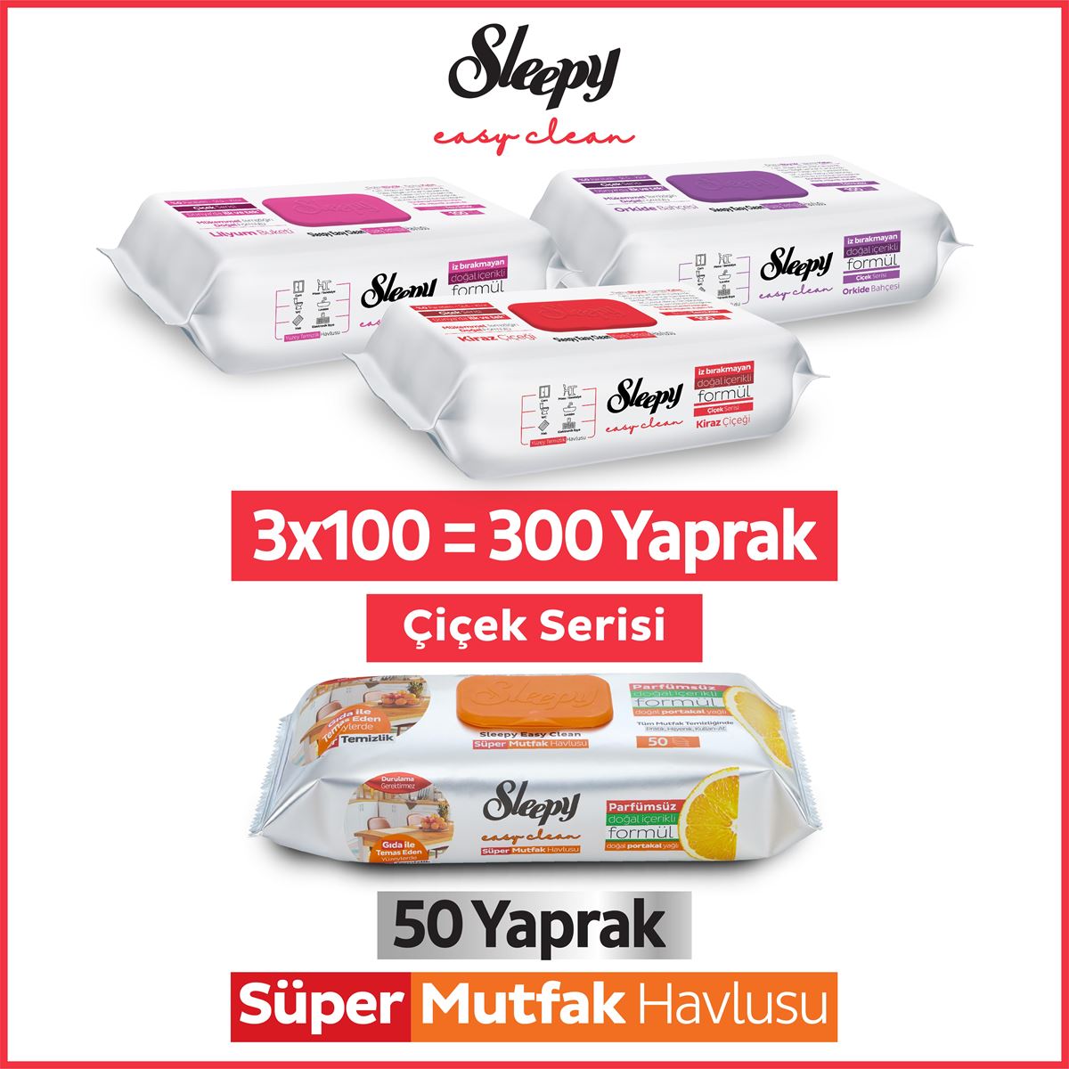 Sleepy Easy Clean Çiçek Serisi&Portakal Yağlı Süper Mutfak Yüzey Temizlik Havlusu&Mendili(3x100+50)