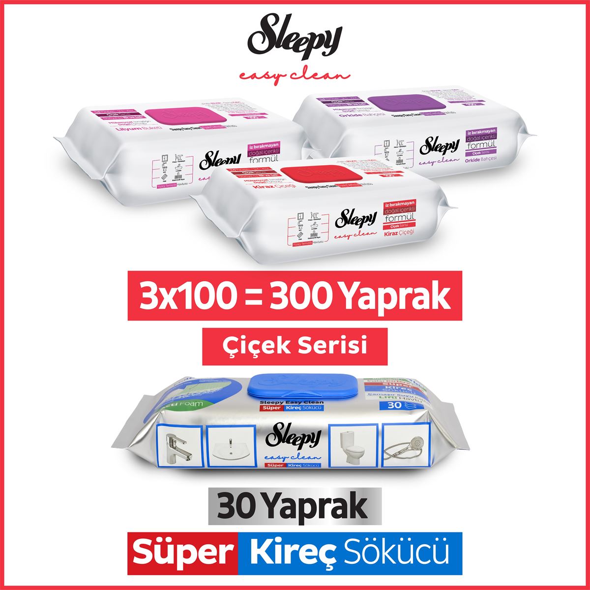 Sleepy Easy Clean Çiçek Serisi&Süper Kireç Sökücü Yüzey Temizlik Havlusu&Mendili(3x100+30)