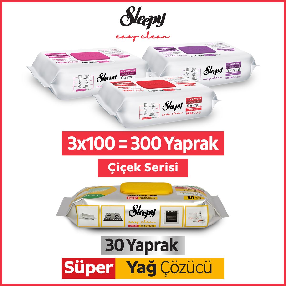 Sleepy Easy Clean Çiçek Serisi&Süper Yağ Çözücü Yüzey Temizlik Havlusu&Mendili(3x100+30)