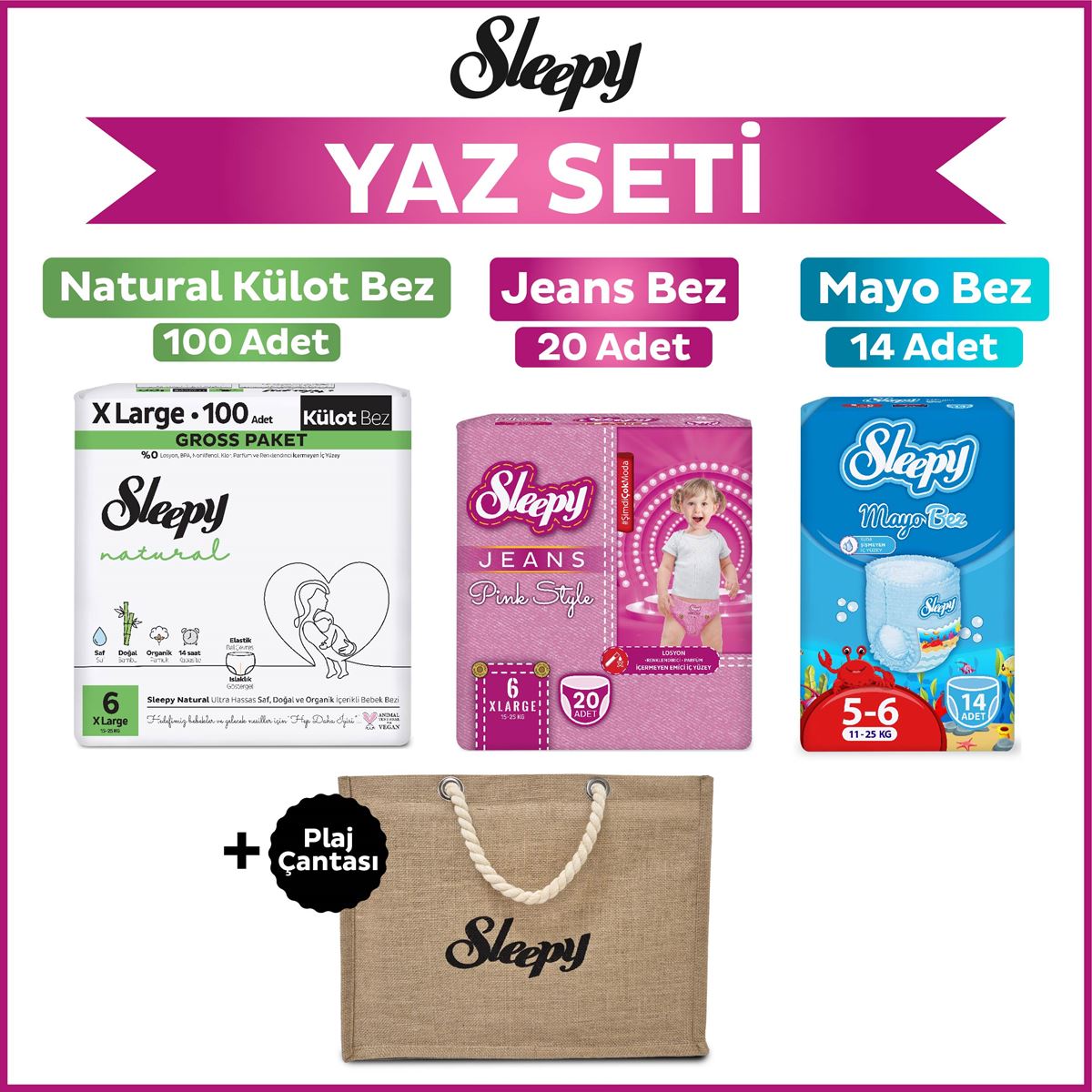 Sleepy 6 Numara Xlarge Natural Gross 100+Mayo Bez 14+Pink Jeans Külot Bez 20+Plaj Çantası