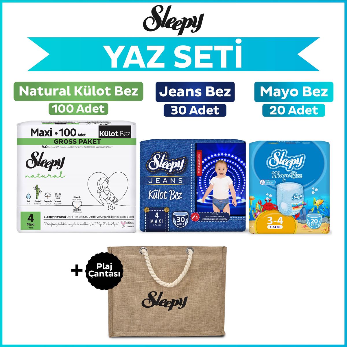 Sleepy 4 Numara Maxi Natural Gross 100+Mayo Bez 20+Jeans Külot Bez 30+Plaj Çantası
