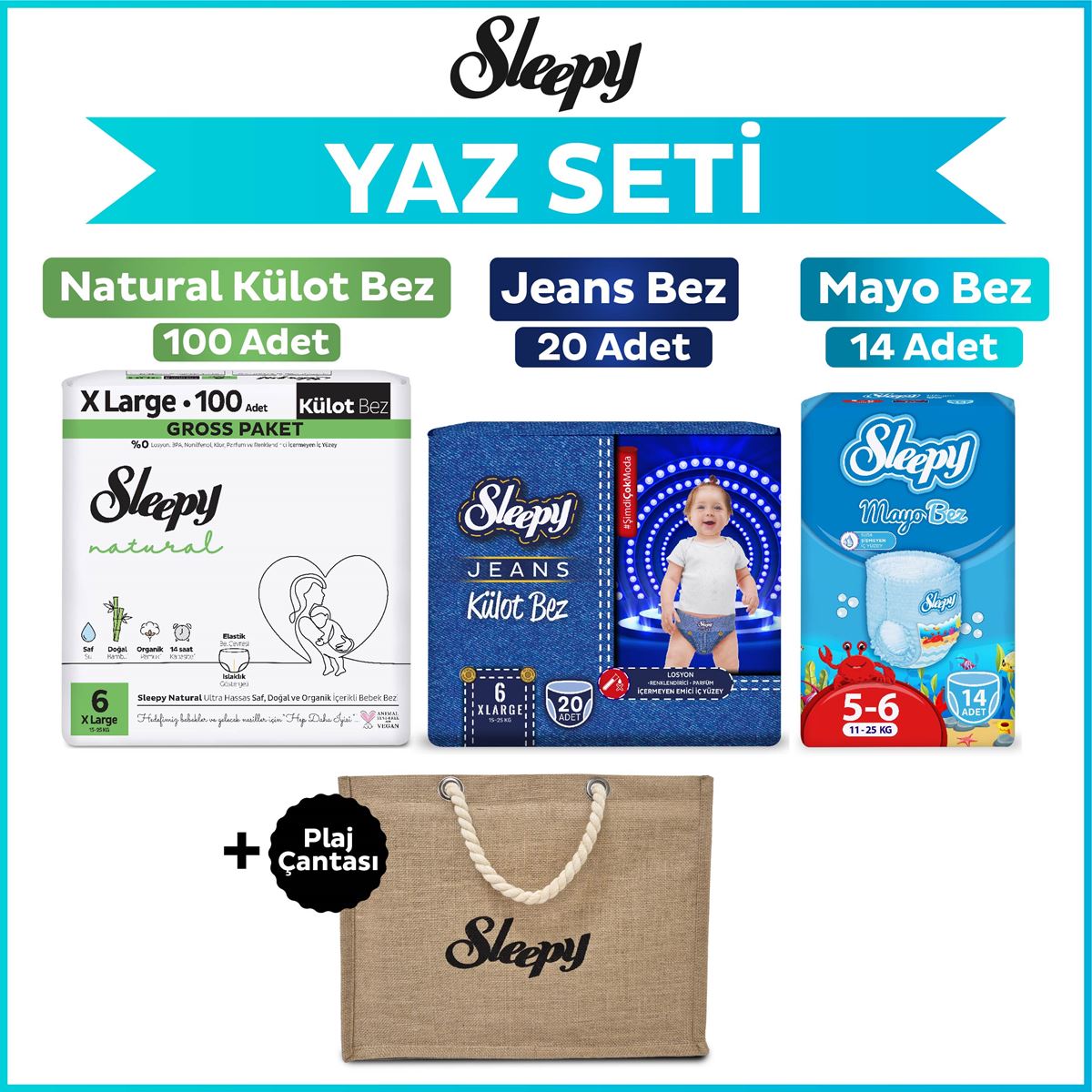 Sleepy 6 Numara Xlarge Natural Gross 100+Mayo Bez 14+Jeans Külot Bez 20+Plaj Çantası