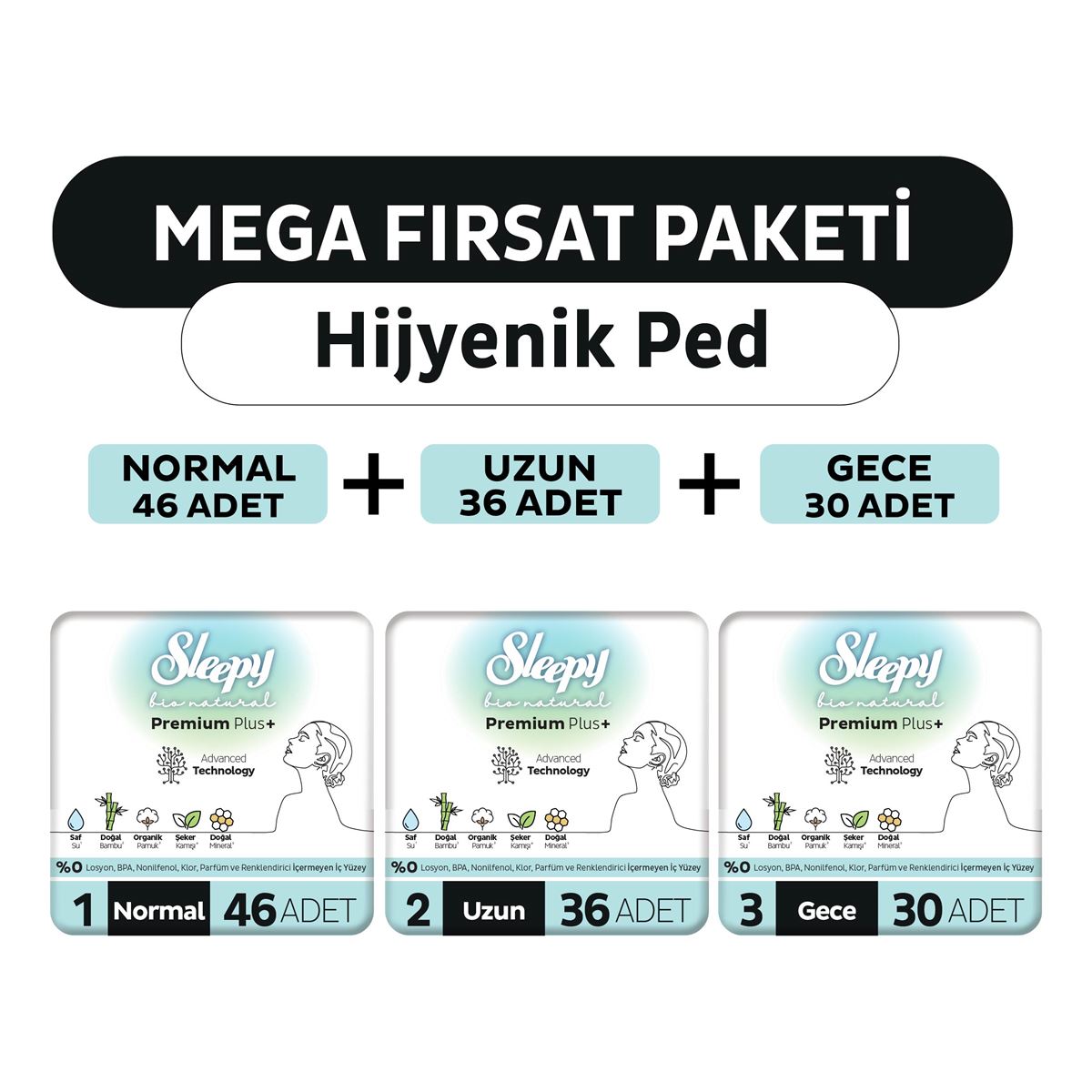 Sleepy Bio Natural Premium Plus Hijyenik Ped Mega Fırsat Paketi 112 Adet