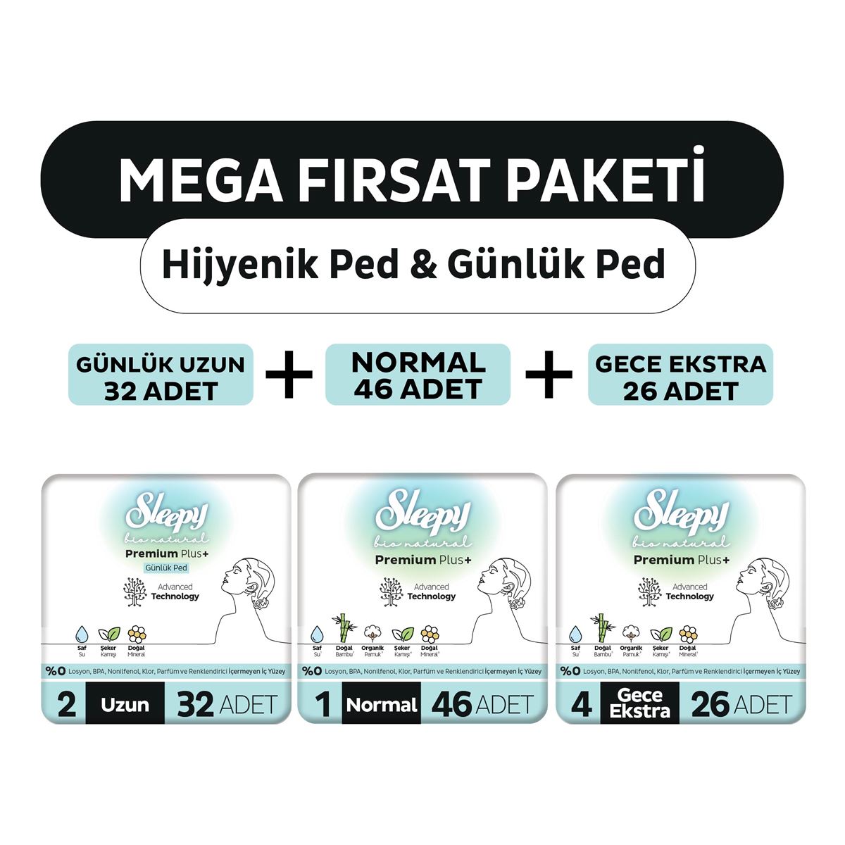 Sleepy Bio Natural Premium Plus Hijyenik Ped Mega Fırsat Paketi 72 Adet + Günlük Ped Uzun 32 Adet