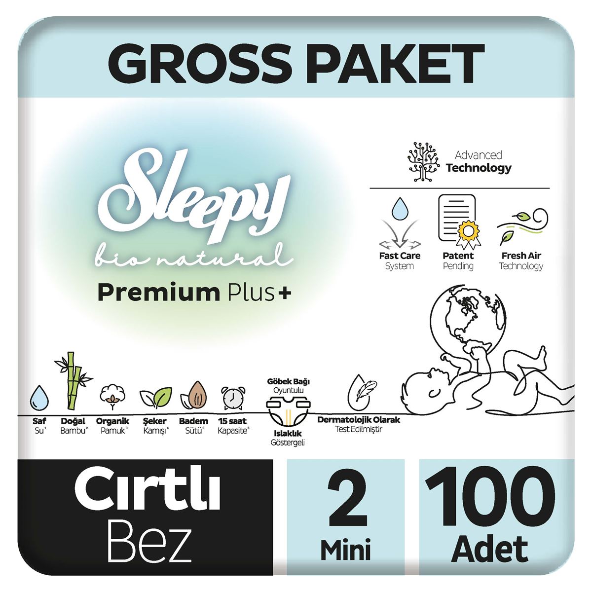 Sleepy Bio Natural Premium Plus Gross Paket Bebek Bezi 2 Numara Mini 100 Adet