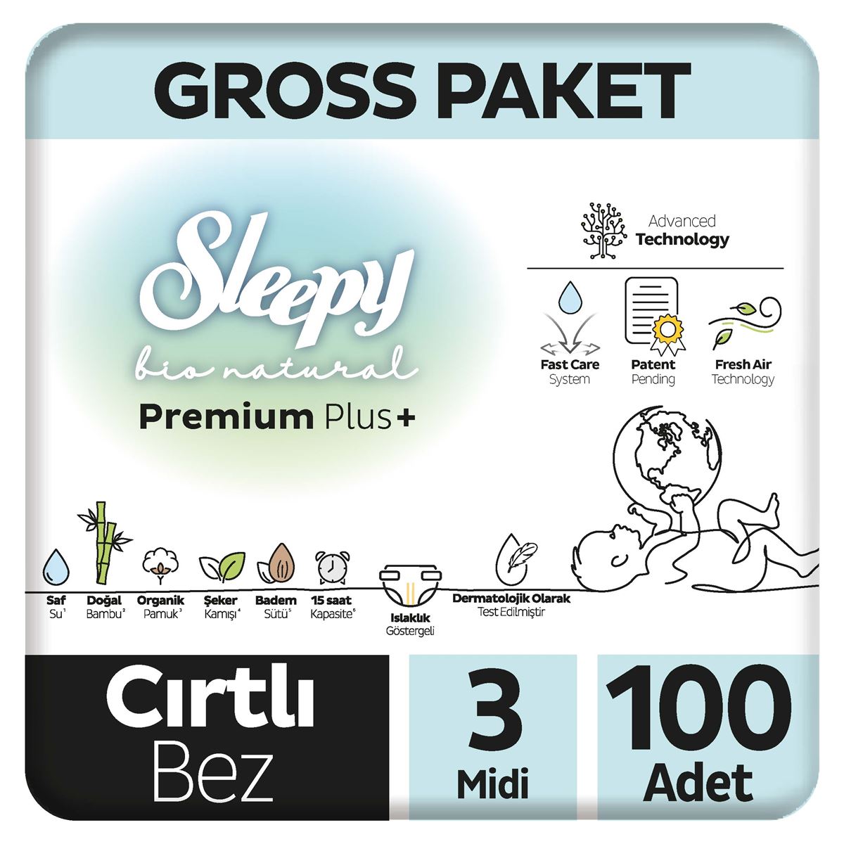 Sleepy Bio Natural Premium Plus Gross Paket Bebek Bezi 3 Numara Midi 100 Adet