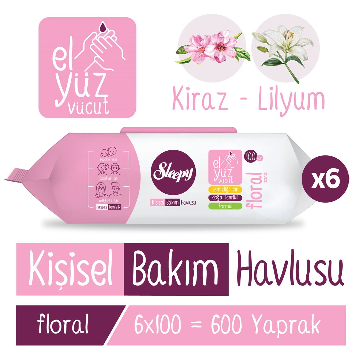 Sleepy Floral Kişisel Bakım Havlusu 6x100 (600 Yaprak)