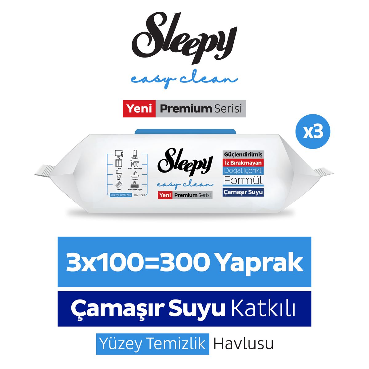 Sleepy Easy Clean Premium Çamaşır Suyu Katkılı Yüzey Temizlik Havlusu Mendili 3x100 (300 Yaprak)