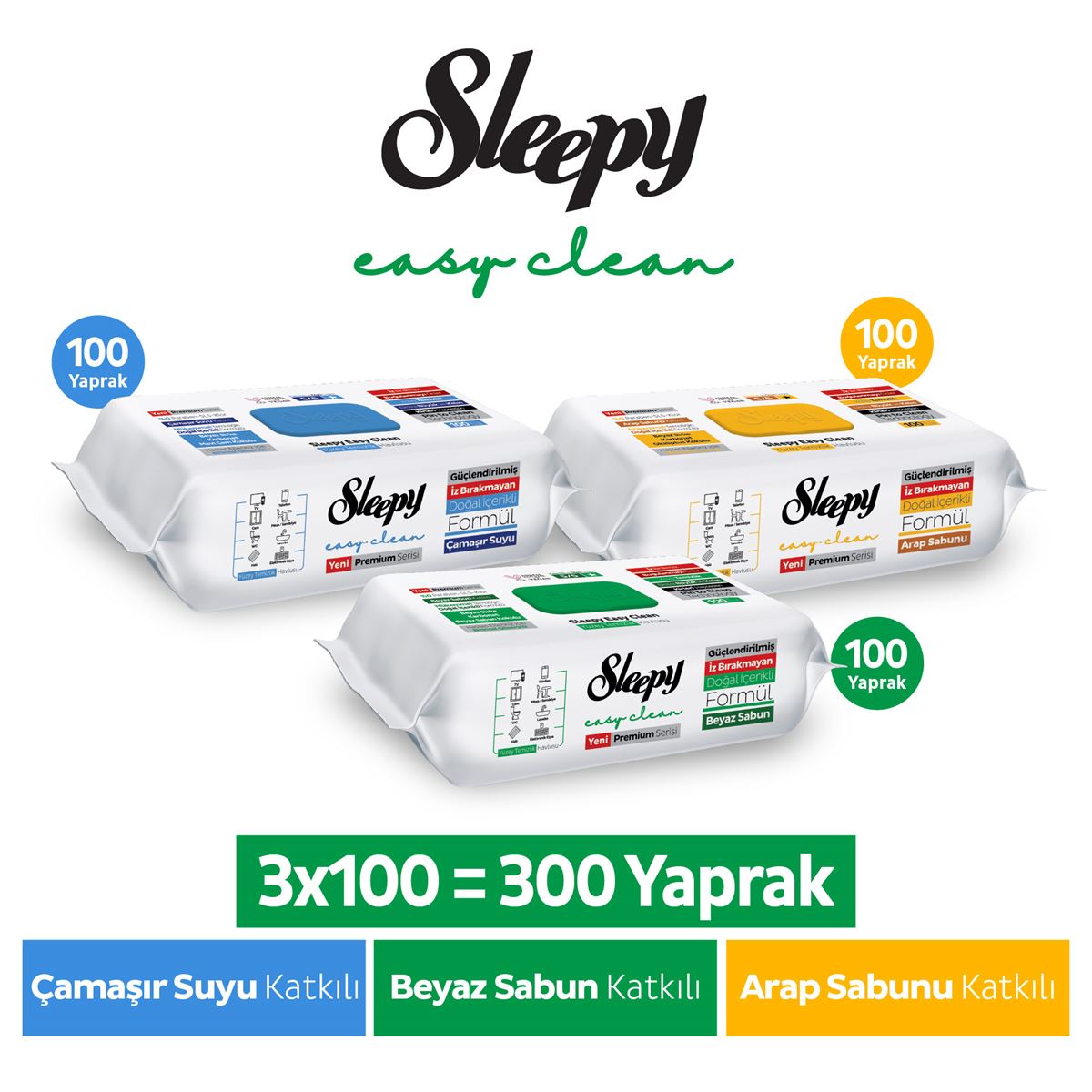Sleepy Easy Clean Premium Beyaz Sabun Katkılı+Çamaşır Suyu Katkılı+Arap Sabunu Katkılı Yüzey Temizlik Havlusu Mendili 3x100 (300 Yaprak)