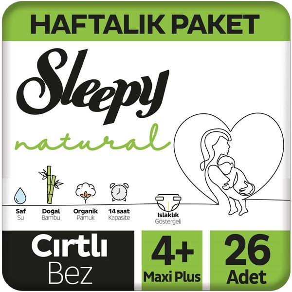 Resim Sleepy Natural Haftalık Paket Bebek Bezi 4+ Numara Maxi Plus 26 Adet