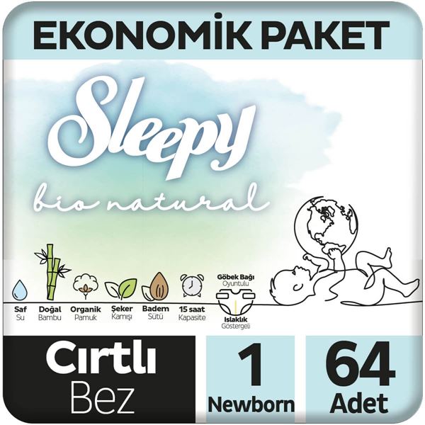 Sleepy Bio Natural Ekonomik Paket Bebek Bezi 1 Numara Yenidoğan 64 Adet