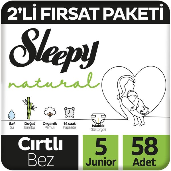 Resim Sleepy Natural 2'li Fırsat Paketi Bebek Bezi 5 Numara Junior 58 Adet