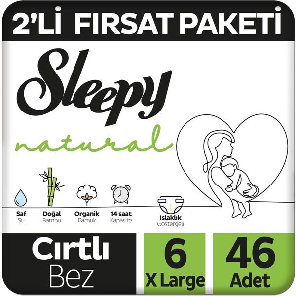 Resim Sleepy Natural 2'li Fırsat Paketi Bebek Bezi 6 Numara Xlarge 46 Adet