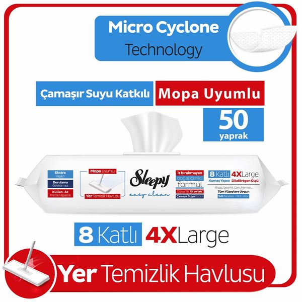 Resim Sleepy Easy Clean Çamaşır Suyu Katkılı Mopa Uyumlu Yer Temizlik Havlusu&Mendili 50 Yaprak