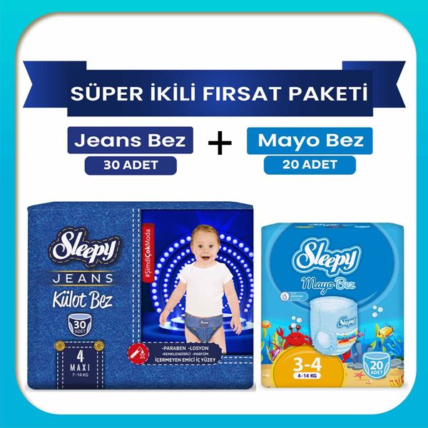 Resim Sleepy Süper ikili Fırsat Paketi(Jeans Külot Bez 4 Numara 30 Adet + Mayo Külot Bez 4 Numara 20 Adet)