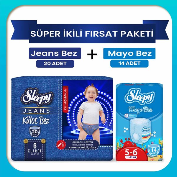 Resim Sleepy Süper ikili Fırsat Paketi(Jeans Külot Bez 6 Numara 20 Adet + Mayo Külot Bez 6 Numara 14 Adet)