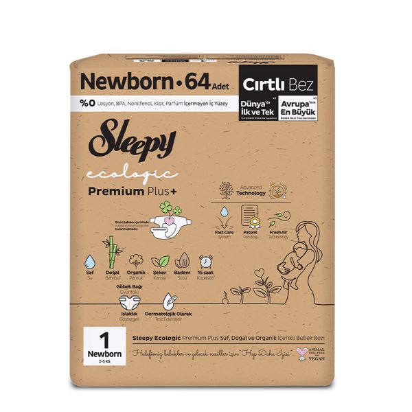 Sleepy Ecologic Premium Plus Ekonomik Paket Bebek Bezi 1 Numara Yenidoğan 64 Adet