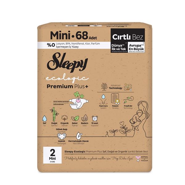 Sleepy Ecologic Premium Plus Ekonomik Paket Bebek Bezi 2 Numara Mini 68 Adet
