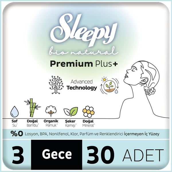 Resim Sleepy Bio Natural Premium Plus Hijyenik Ped Mega Paket Gece 30 Adet 
