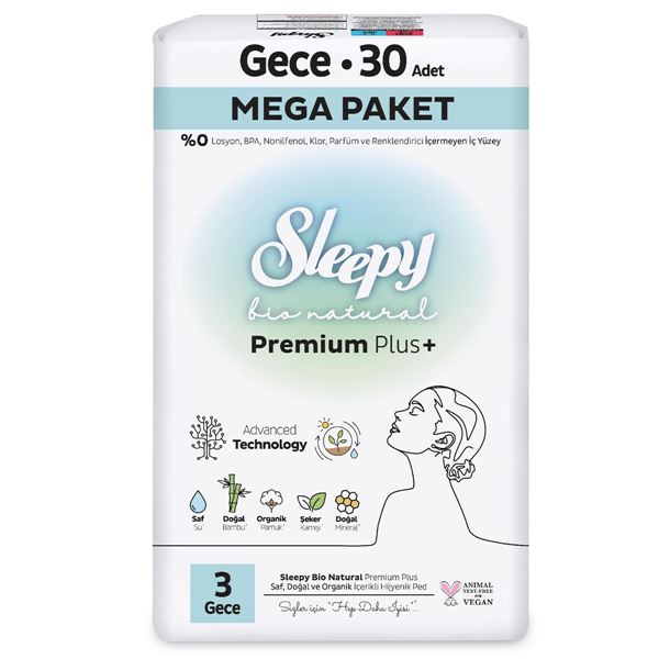 Sleepy Bio Natural Premium Plus Hijyenik Ped Mega Paket Gece 30 Adet 