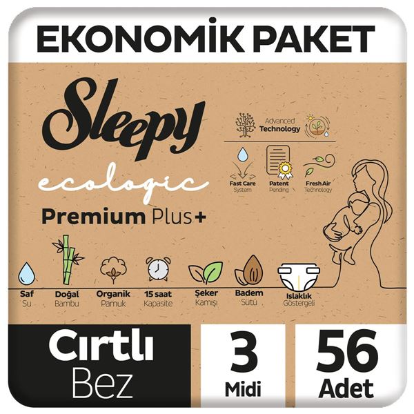 Sleepy Ecologic Premium Plus Ekonomik Paket Bebek Bezi 3 Numara Midi 56 Adet