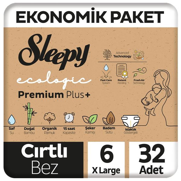 Resim Sleepy Ecologic Premium Plus Ekonomik Paket Bebek Bezi 6 Numara Xlarge 32 Adet