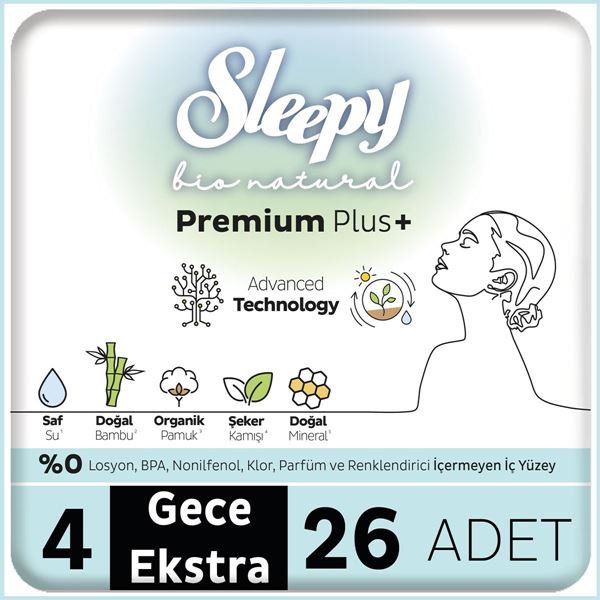 Resim Sleepy Bio Natural Premium Plus Hijyenik Ped Mega Paket Gece Extra 26 Adet