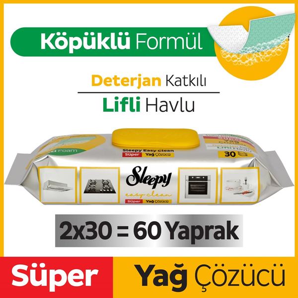Resim Sleepy Easy Clean Süper Yağ Çözücü Yüzey Temizlik Havlusu&Mendili 2x30 (60 Yaprak)