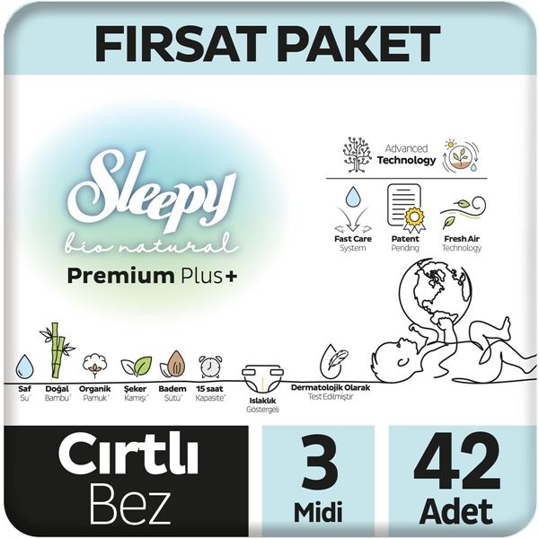 Resim Sleepy Bio Natural Premium Plus Fırsat Paketi Bebek Bezi 3 Numara Midi 42 Adet