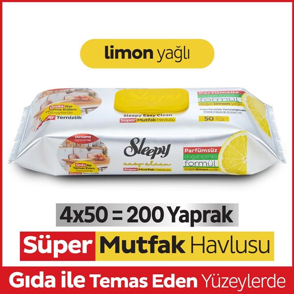 Resim Easy Clean Süper Yüzey Temizlik Mutfak Havlusu&Mendili Limon Yağlı 4X50 (200 Yaprak)