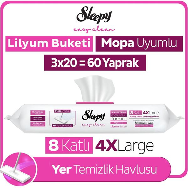 Resim Sleepy Easy Clean Lilyum Buketi Mopa Uyumlu Yer Temizlik Havlusu&Mendili 3x20 (60 Yaprak)