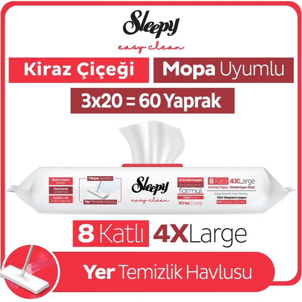 Resim Sleepy Easy Clean Kiraz Çiçeği Mopa Uyumlu Yer Temizlik Havlusu&Mendili 3x20 (60 Yaprak)