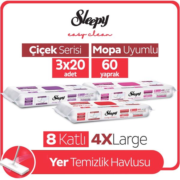 Resim Sleepy Easy Clean Lilyum+Kiraz Ç+Orkide Mopa Uyumlu Yer Temizlik Havlusu&Mendili 3x20 (60 Yaprak)