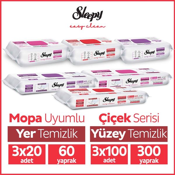 Resim Sleepy Easy Clean Çiçek Serisi 3x100 Yüzey & 3x20 Yer Temizlik Havlusu&Mendili Karma Paket