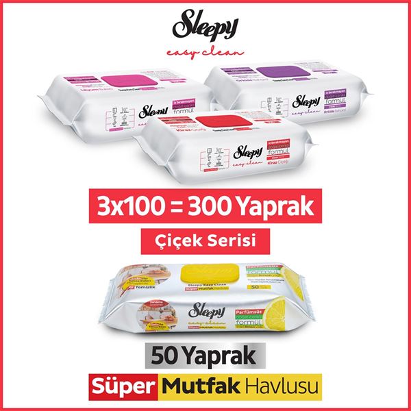 Resim Sleepy Easy Clean Çiçek Serisi&Limon Yağlı Süper Mutfak Yüzey Temizlik Havlusu&Mendili(3x100+50)