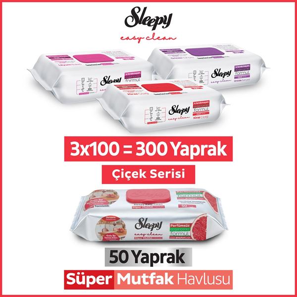 Resim Sleepy Easy Clean Çiçek Serisi&Greyfurt Yağlı Süper Mutfak Yüzey Temizlik Havlusu&Mendili(3x100+50)