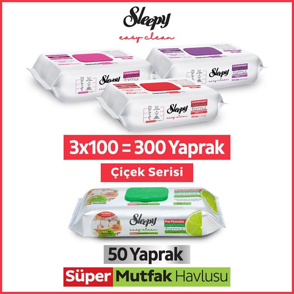 Resim Sleepy Easy Clean Çiçek Serisi&Bergamot Yağlı Süper Mutfak Yüzey Temizlik Havlusu&Mendili(3x100+50)